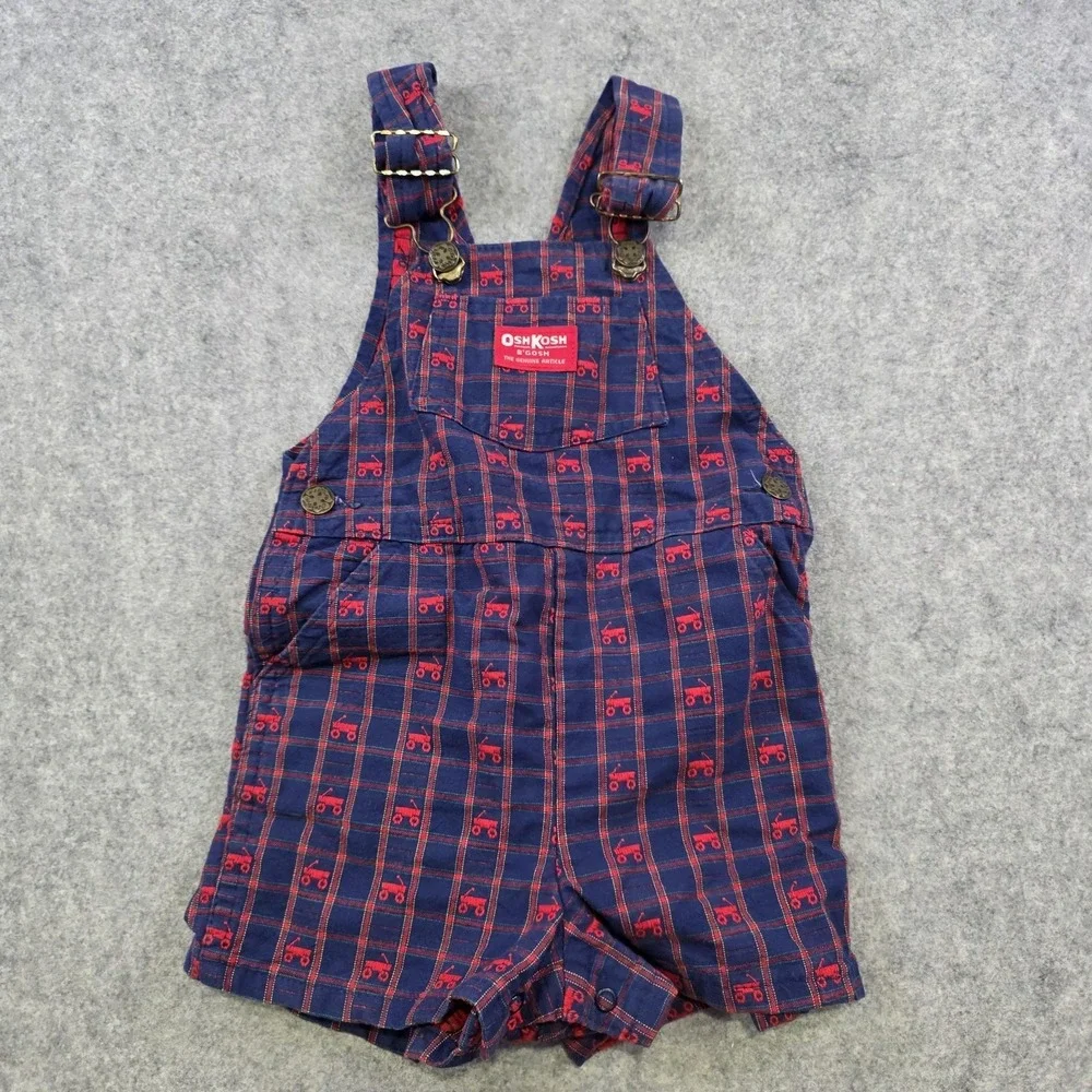 Vintage OshKosh B'gosh Vestbak Shortalls Kids 3T Blue Wagon Plaid USA‎ Made